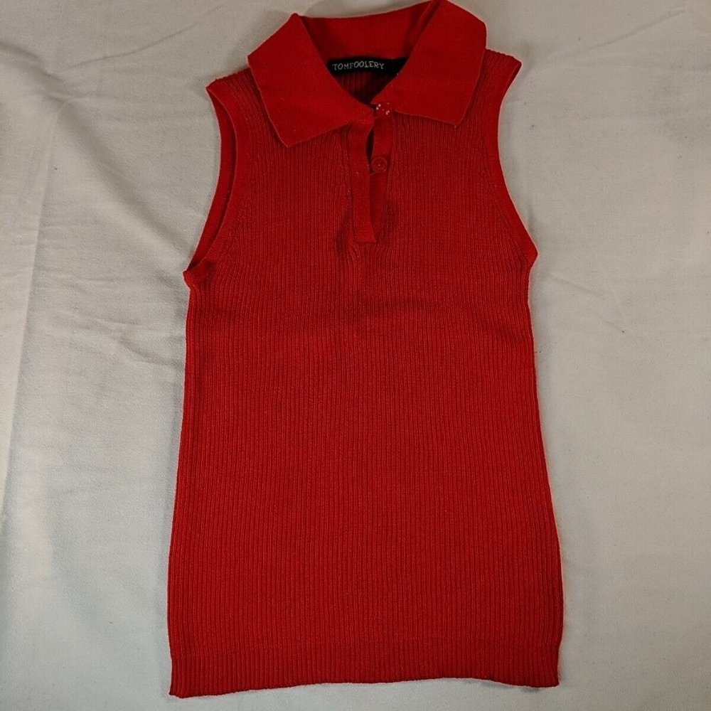 Tomfoolery Red Collared Tank Top Sleeveless Shirt Ribbed 100% Cotton Women M Med